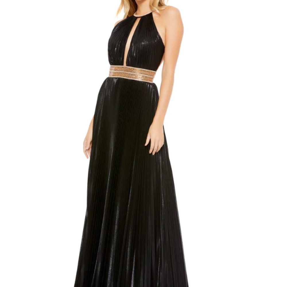 MAC DUGGAL 30722 PLEATED EMBELLISHED HALTER OPEN BACK BLACK GOWN sz 2
